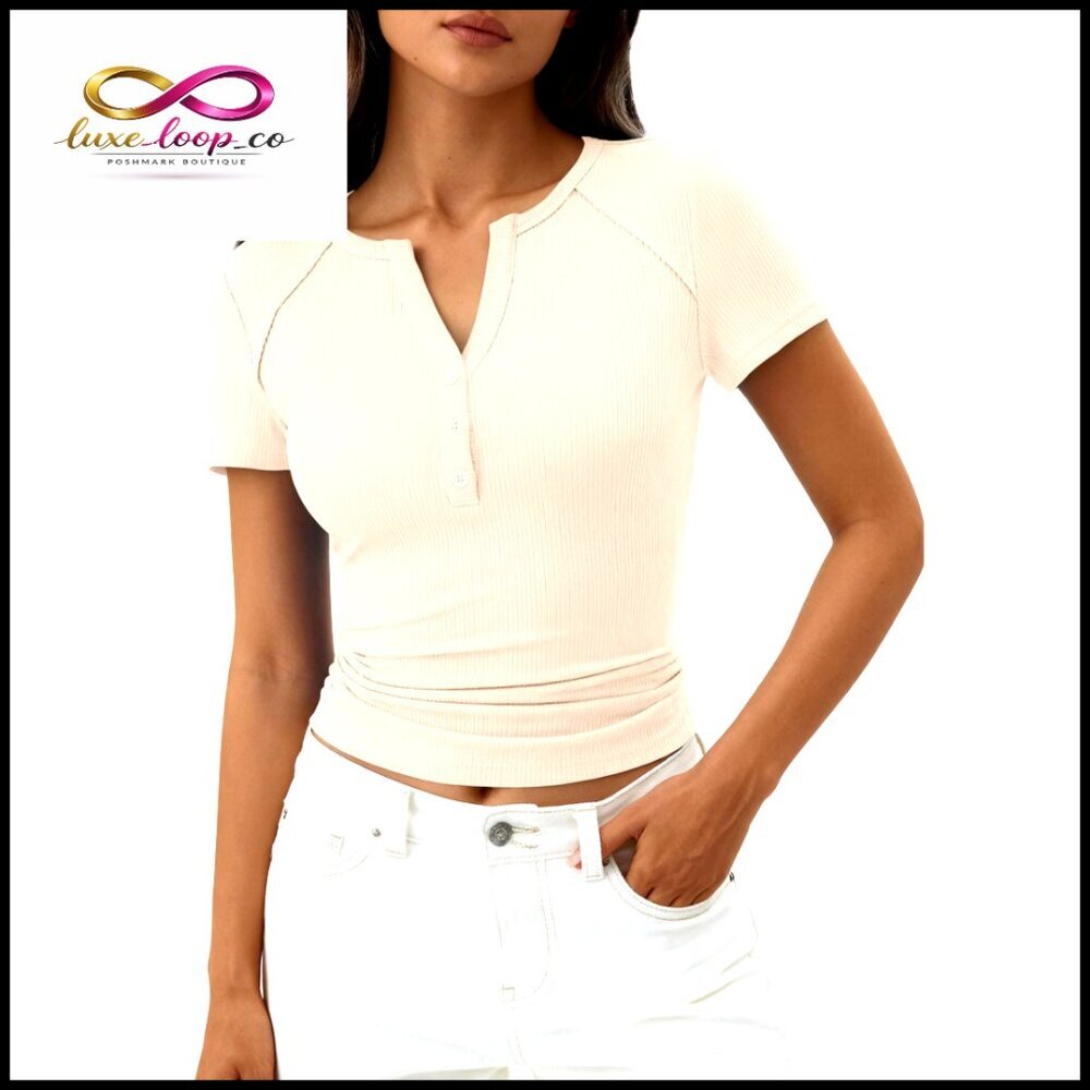 V-Neck Henley Top‎ Ribbed Knit Slim Fit Short Sleeve Blouse